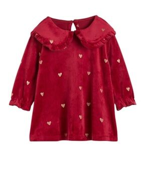 H&M Red Velour Dress Gold Hearts Collar Long Sleeve Holiday Toddler Girl 2T
